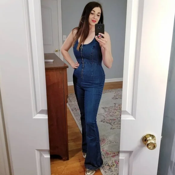 Forever 21 Denim Zip-Front Jumpsuit, Size Large, Flare Leg - Picture 2 of 2